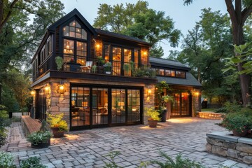 Elegant modern house with large glass windows, warm lighting, and lush greenery in a peaceful outdoor setting