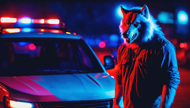 photo of criminal suspect werewolf lycanthrope in crime scene standing in front of police car at night and red blue light, generative AI