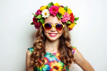 girl with a wreath of flowers on her head, on a white background