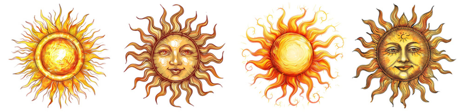 Vibrant sun illustrations, mystical and celestial themes transparent background