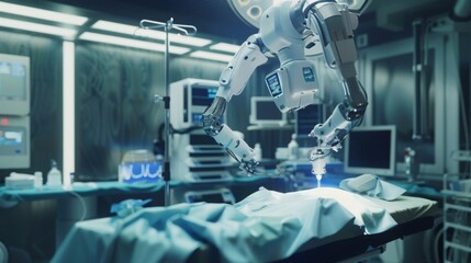 An advanced AI robot performing a delicate surgical procedure, in a high-tech operating room, realistic and detailed --ar 16:9 --style raw Job ID: 6d0984b5-7a0f-4e49-bd8f-faf853607b7f