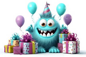 Cheerful monster with colored balloons and gifts. Happy birthday greeting card