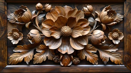 A beautifully carved wooden floral motif, intricately detailed, placed on a solid background
