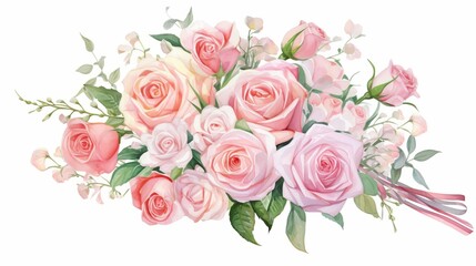 Fototapeta premium A beautiful watercolor illustration of pastel pink roses arranged in a delicate floral bouquet, romantic and elegant designs.