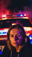 Naklejka premium photo of portrait close up view of criminal suspect in crime scene standing in front of police car at night and red blue light, generative AI