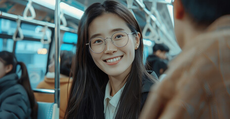 a beautiful young Asian woman with long straight hair and glasses wearing a white shirt, black jacket and brown cardigan smiling at her friend in the train