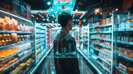 Augmented reality and AI creating a personalized shopping experience in a futuristic supermarket, vibrant and modern layout 