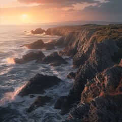 Capture the beauty of a rugged coastline at sunset. 