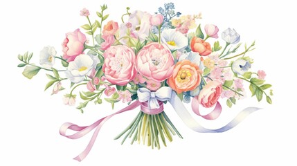 Elegant watercolor bouquet of pastel flowers with ribbon, perfect for wedding invitations or greeting cards, detailed and delicate artwork.