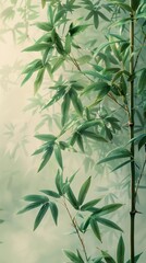 Tall bamboo with green leaves stands against a light background in Chinese painting style.
