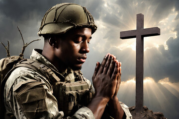 Christian soldier praying with cross in the background.