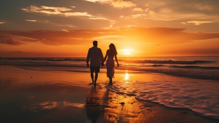 Fototapeta premium Romantic couple walking hand in hand on the beach at sunset, enjoying a beautiful and serene moment by the ocean waves.