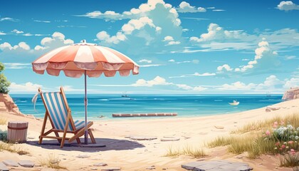 Scenic beach with a colorful umbrella and chair, ideal for relaxation. Clear blue sky and calm sea create a perfect summer holiday atmosphere.
