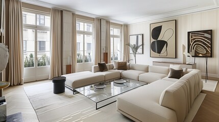 Naklejka na ściany i meble An interior design of modern style living room, beige white and grey palette