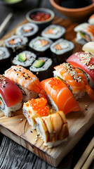 delicious sushi and rolls with salmon, caviar and avocado