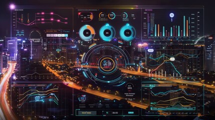 Obraz premium A smart city dashboard showing real-time data and analytics on traffic, energy usage, and public services, high-resolution 