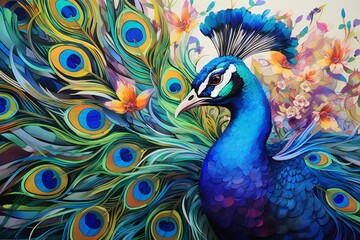 Stunning artistic depiction of a colorful peacock with detailed feathers and vibrant background, showcasing nature's beauty and elegance.