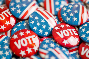Obraz premium A pile of red, white, and blue buttons with the word 