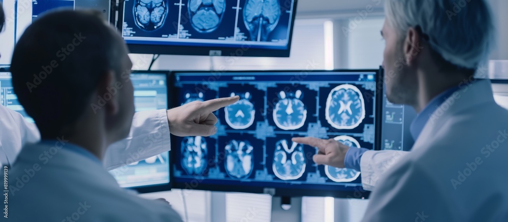 Poster A group of medical professionals is examining brain scans on various computer screens in a stateoftheart laboratory, focusing on neurological findings and advancements in healthcare technology