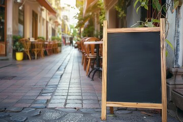 Charming outdoor street cafe with a blank blackboard sign, perfect for customization and advertising, surrounded by quaint shops and greenery.