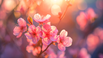 Pink cherry blossoms in spring sunlight. Beautiful pink cherry blossoms illuminated by the warm spring sunlight, creating a vibrant and cheerful scene.