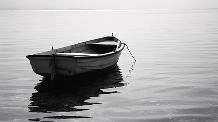 Naklejka premium solitary boat on calm water. A lone boat floats serenely on a calm, mirror-like lake, casting a gentle reflection on the still water.