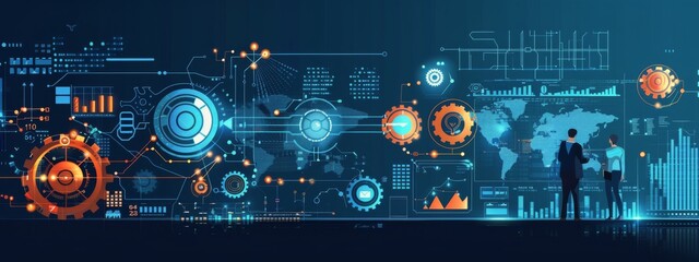 Obraz premium Futuristic Background With World Map and Gears