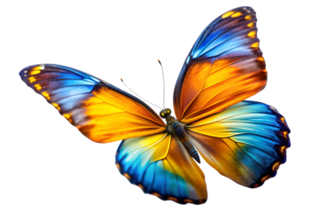 Very beautiful blue yellow orange butterfly in flight isolated on a transparent background. Ai generated 