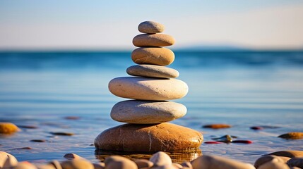 A serene and balanced stack of stones by the beach