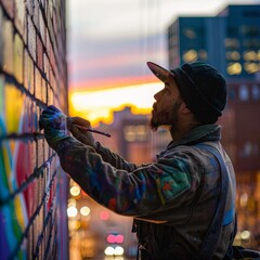  street artist painting a mural on a brick wall, 