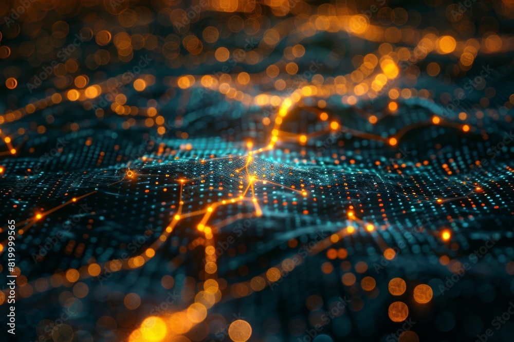 Poster detailed view of a three-dimensional holographic display depicting an intricate interconnected globa