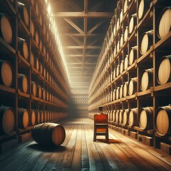 Whiskey, bourbon, scotch barrels in an aging facility.