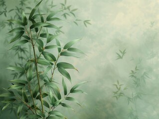 Tall bamboo with green leaves stands against a light background in Chinese painting style.