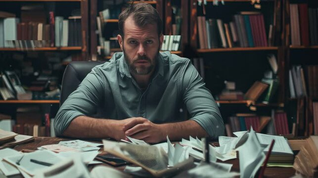 man sitting at his desk, discouraged, surrounded by papers and books scattered with notes. Messy office, worker, teacher, boredom