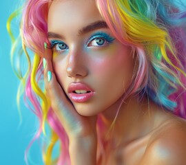 Fototapeta premium Woman With Multicolored Hair Posing for Picture
