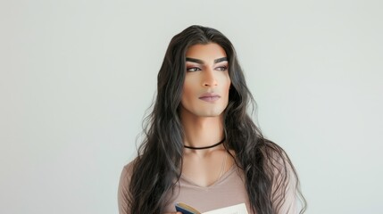 Fototapeta premium Lulu, a 30 years old transsexual looking contemplative while holding a book, studio photo 