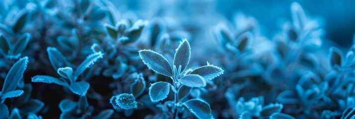 Close-up of plant leaves dusted with frost in a soothing blue tone.