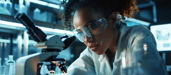In a modern lab, a female scientist conducts innovative research with a microscope, displaying...