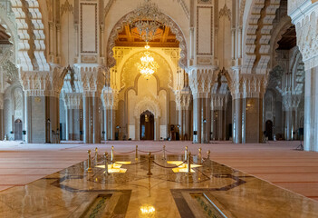 view of the Qibla or prayer niche and the central nave in the Hassan II Mosque in downtown Casablanca