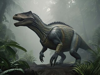 A 3D rendering of a gigantic Tyrannosaurus Rex, a prehistoric carnivore from the Cretaceous period