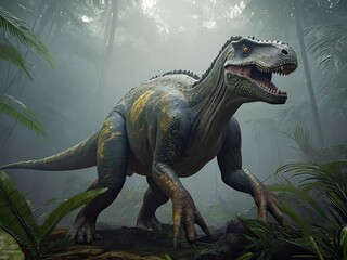 A 3D rendering of a gigantic Tyrannosaurus Rex, a prehistoric carnivore from the Cretaceous period