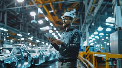 A mechanical engineer supervises robotic assembly lines at an automotive factory, using a tablet to showcase advanced automation. They work in a modern factory with cuttingedge technology