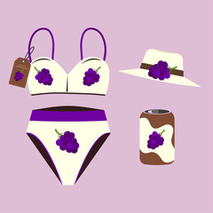 Flat Design Illustration and Swimwear at Grape Pattern, Hat,Juice