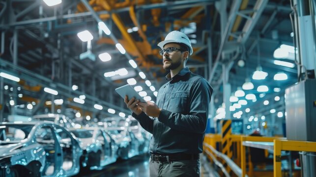 A mechanical engineer supervises robotic assembly lines at an automotive factory, using a tablet to showcase advanced automation. They work in a modern factory with cuttingedge technology