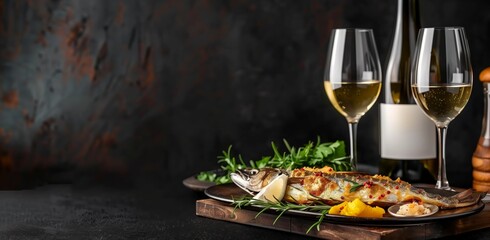 A sumptuous grilled fish seasoned with herbs presented with lemon wedges and white wine, ideal for a gourmet meal