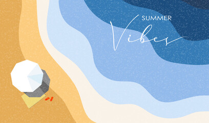 Summer vibes abstract background with sea, beach and umbrella,  template cover, poster, card, wallpaper, social and media, vector illustration