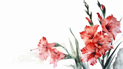 painting watercolor flower background illustration floral nature. Red gladioli flower background for greeting cards weddings or birthdays. Copy space. 