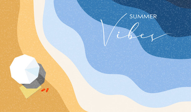 Summer vibes abstract background with sea, beach and umbrella,  template cover, poster, card, wallpaper, social and media, vector illustration