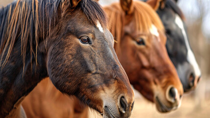 three horses standing together. A close-up of three horses with different coats standing together, highlighting their unique features and bond.