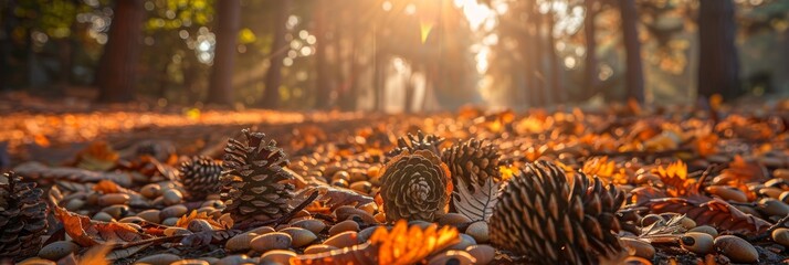 Warm autumn sunlight highlights pine cones and leaves on the forest ground. - Powered by Adobe